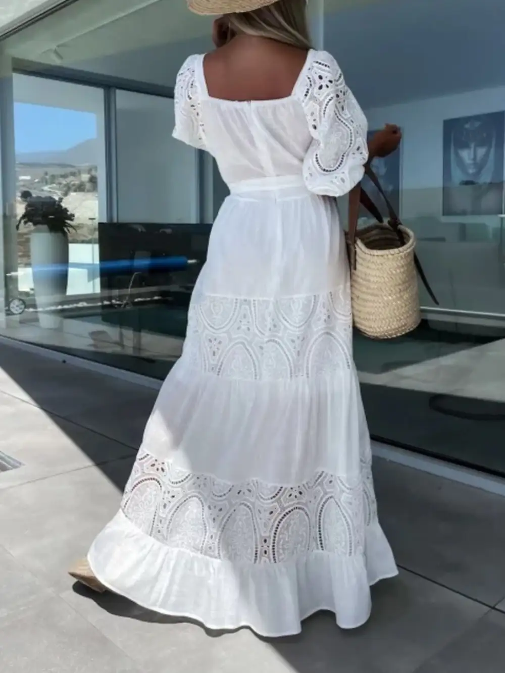 Lace Tie Waist Ruffle Maxi Dress