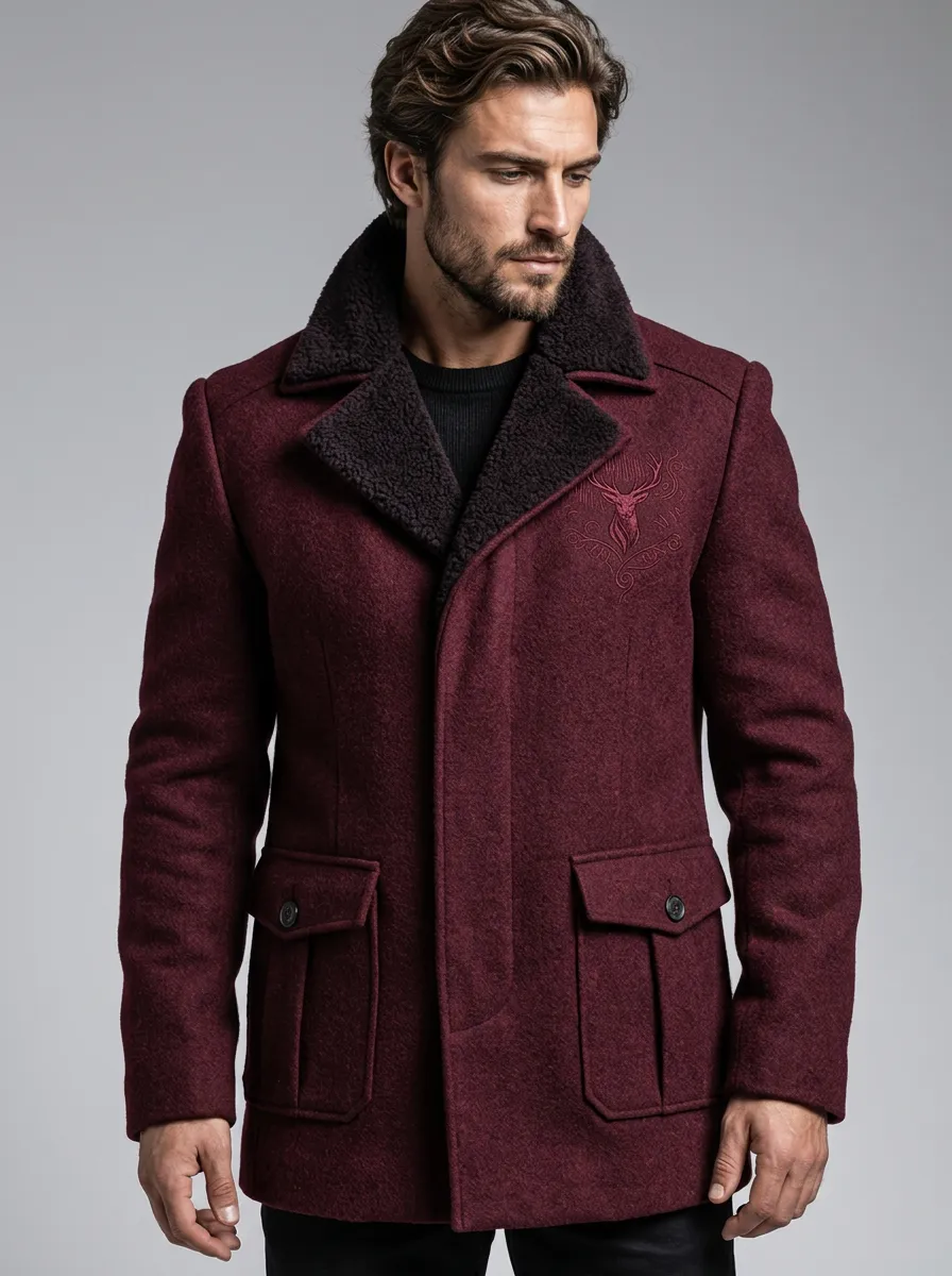 Men's Black Sherpa-Look Stag Deer Warm Jacket