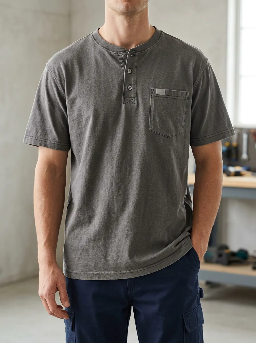 Men's Utility T-Shirt with Faded Finish and Henley Neck