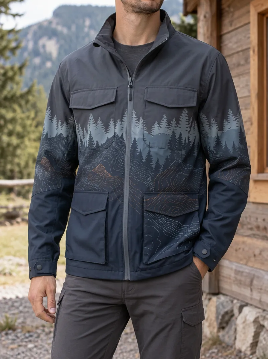 Men's Outdoor Adventure Forest Mountain Topographic Printed Jacket