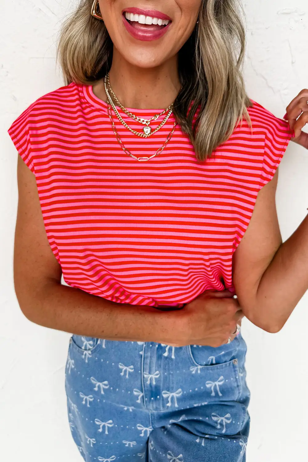 Red Stripe Ribbed Cap Sleeve