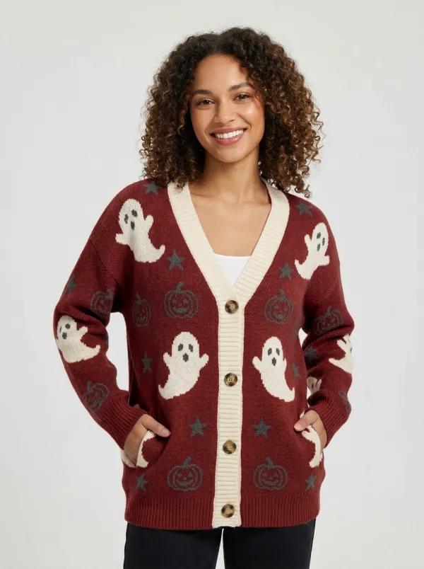 Women's Halloween Ghost Pumpkin Star Patterned Knit Cardigan