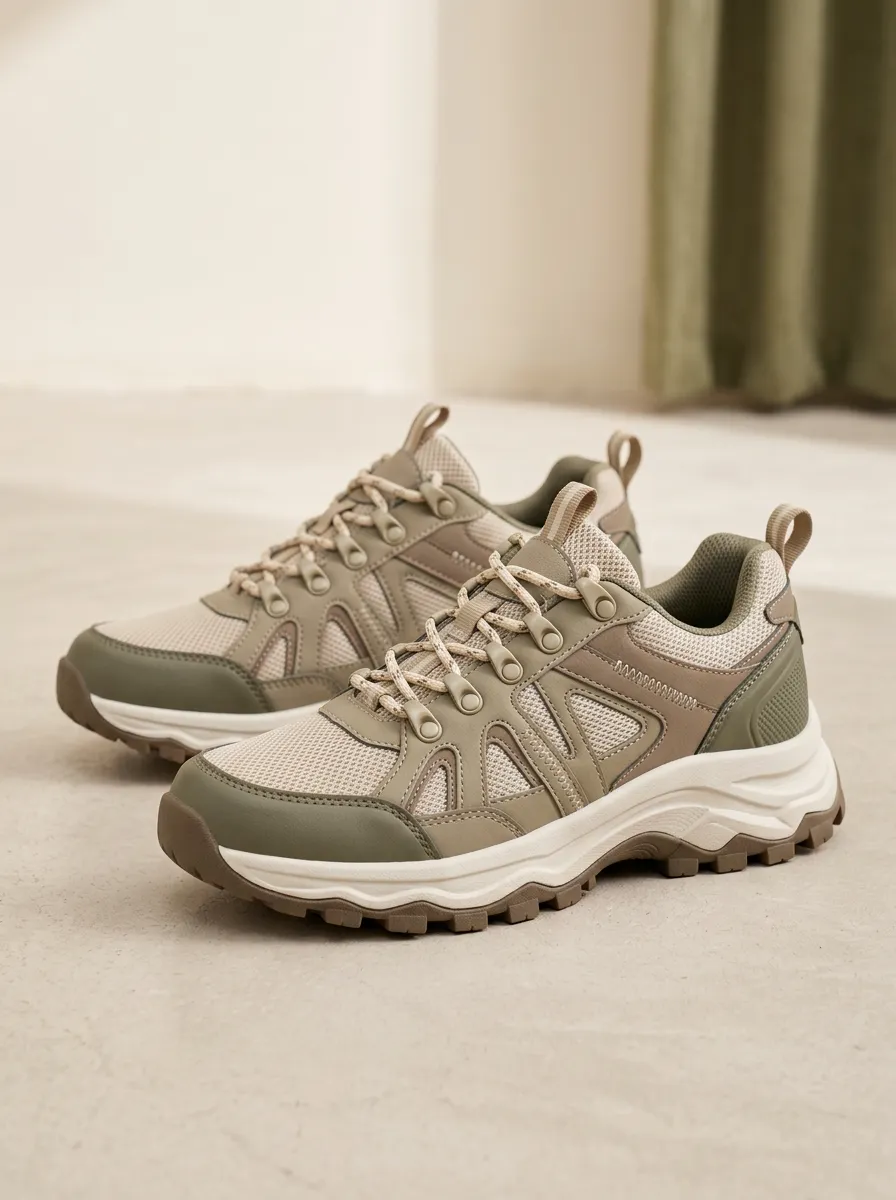 Fresh Path Women's Khaki Olive Mesh Patterned Low Top Casual Shoes