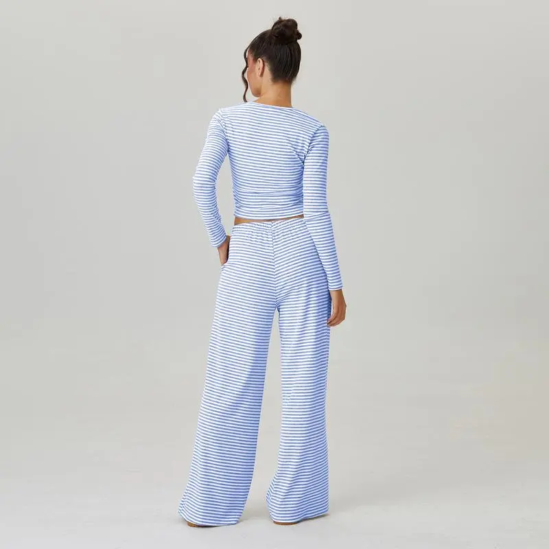 Women's Slouchy Square Neck Stripe Long Sleeve Crop Top & Low-Rise Wide Leg Trousers Co-ord