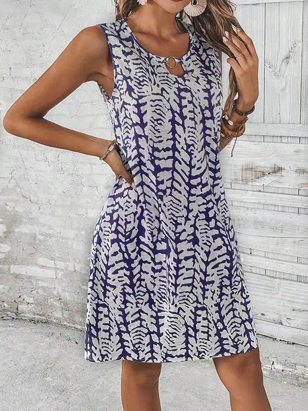 A Line Relaxed Hollow Printed U Neck Mini Dress
