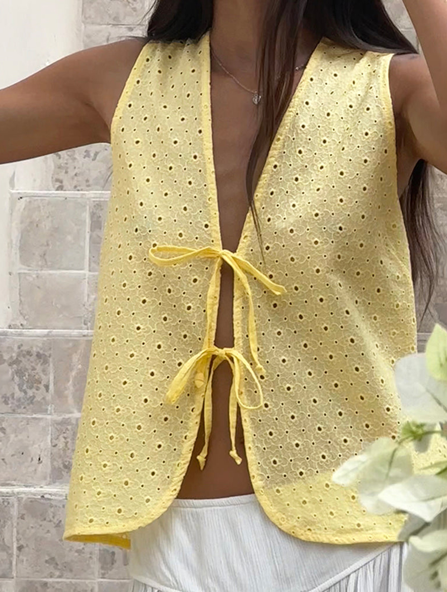 Broderie Yellow Tie Front Top
