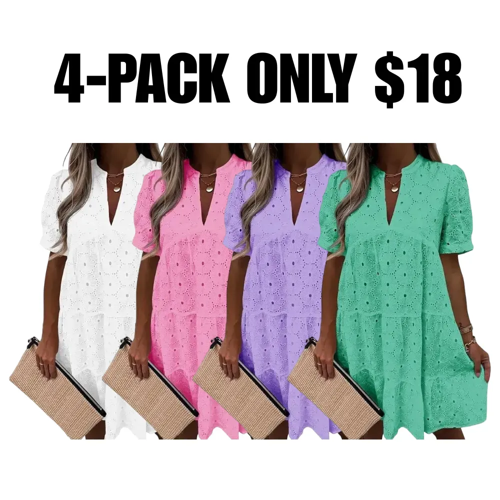 Flowy Lace Dresses Short Sleeve V Neck Tunic Dress