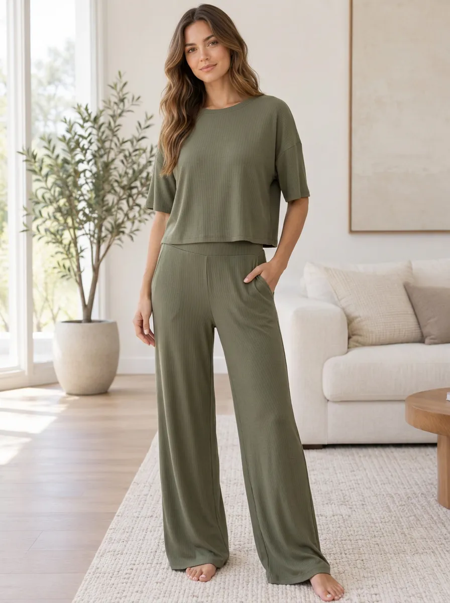 Women's Ribbed Comfort Lounge Wide Leg Relaxed Set