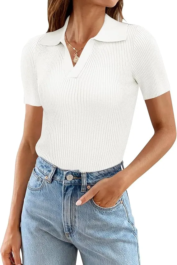 Summer V Neck Short Sleeve T Shirts Slim Fitted Ribbed Knit Casual Tee Tops