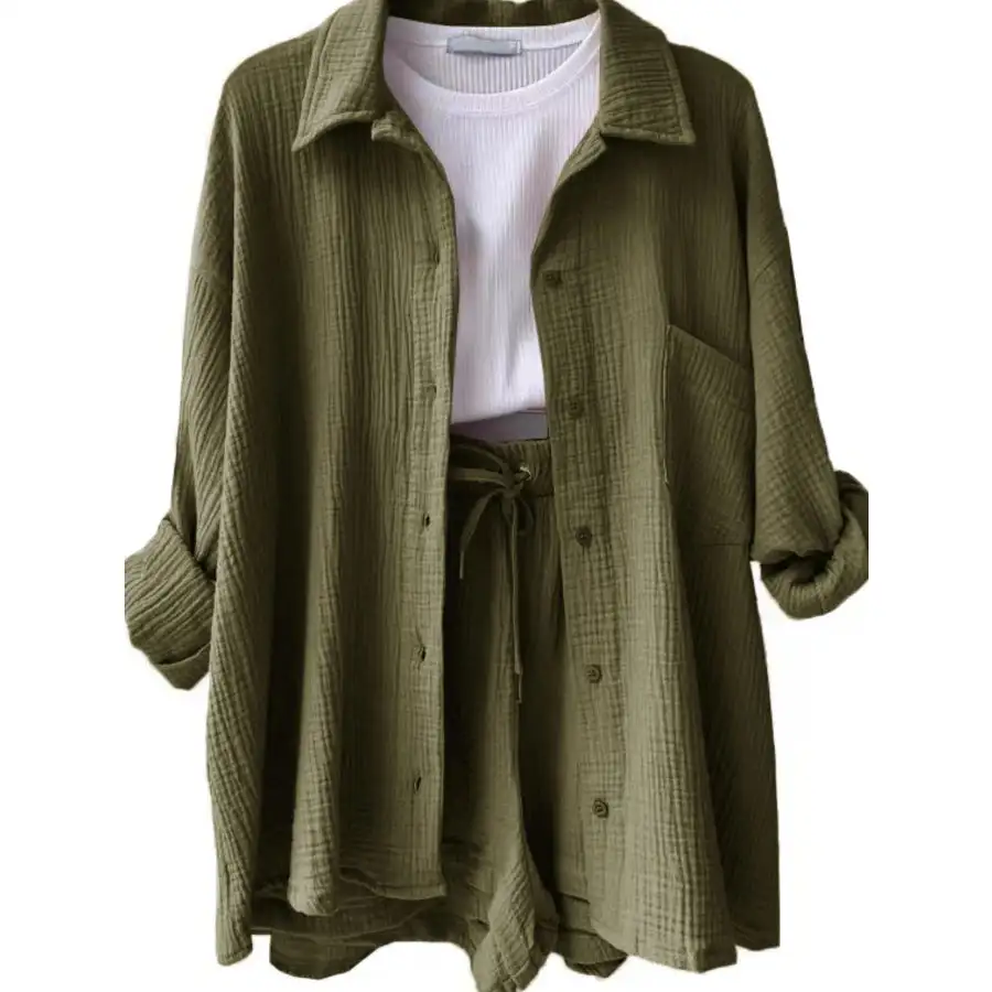 Textured Button Up Shirt and Shorts Set
