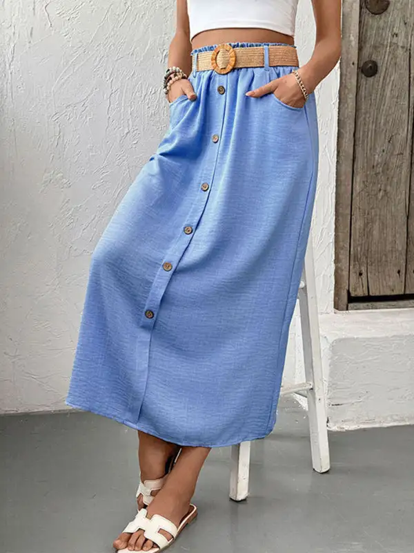 Plain Button Front Pocket Detail Skirt
