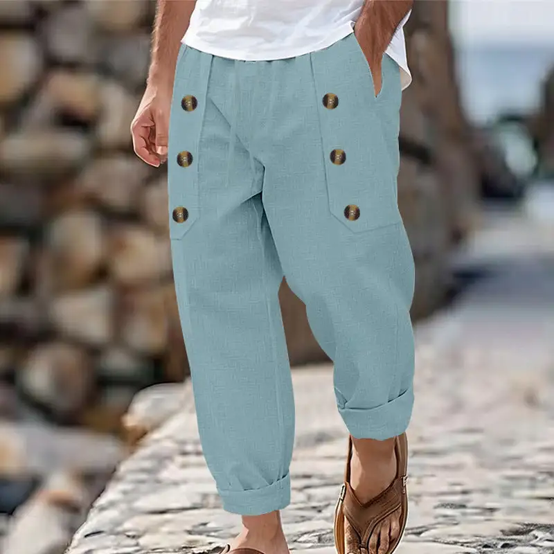 Men's Ankle-length Linen Cargo Pants Pockets