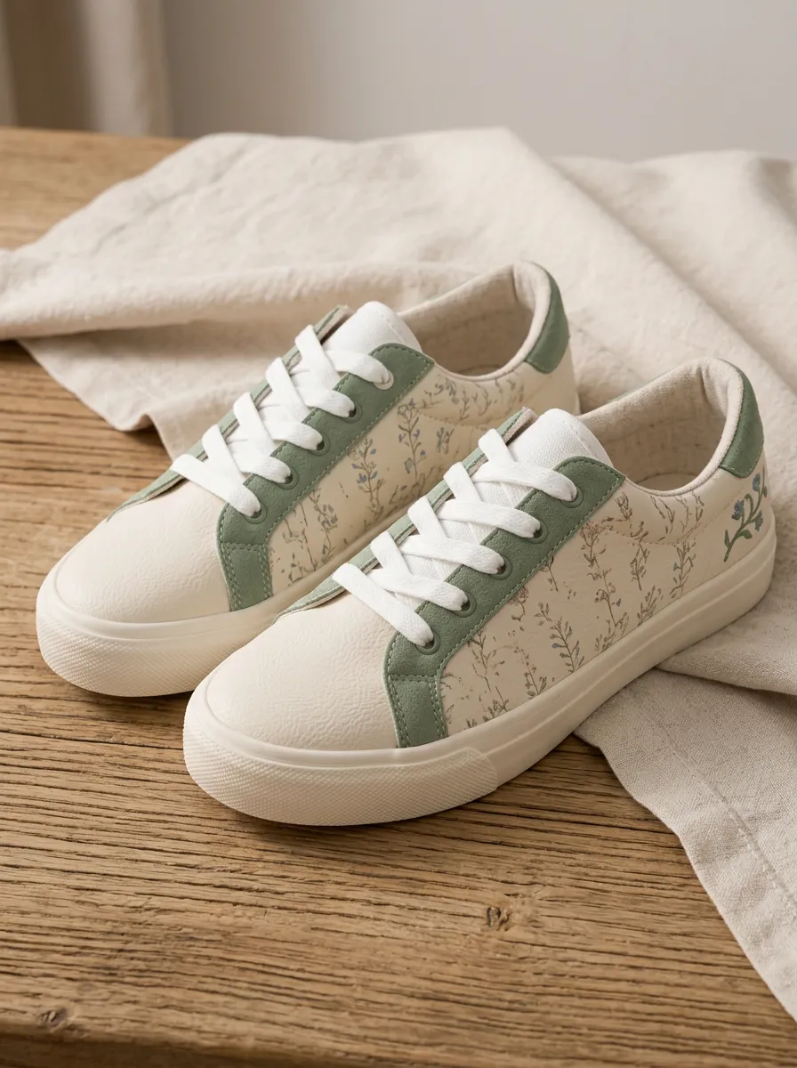 Women's Botanical Wildflower Sage Green Printed Sneakers