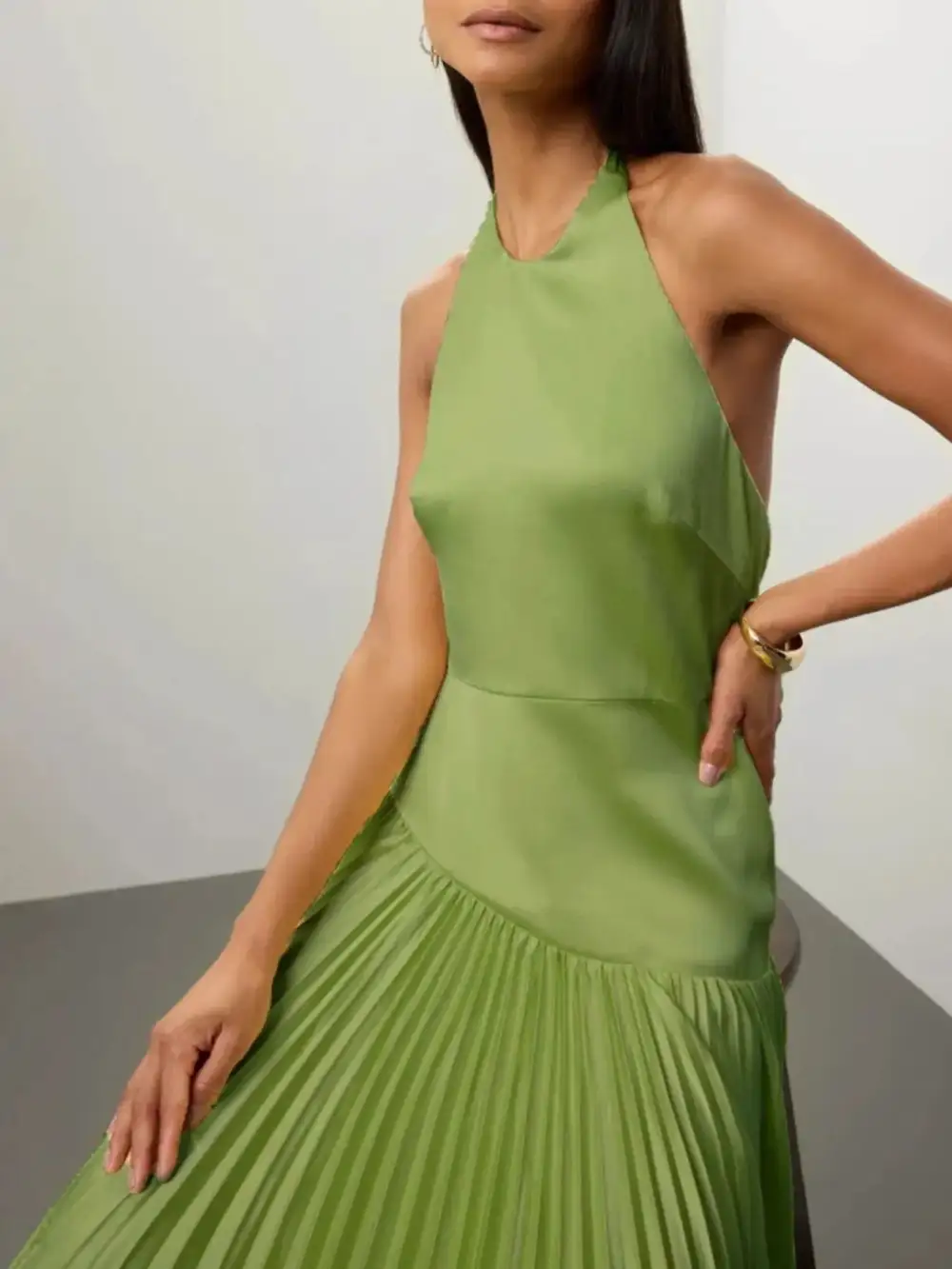 Pleated Halter Cotton Maxi Dress