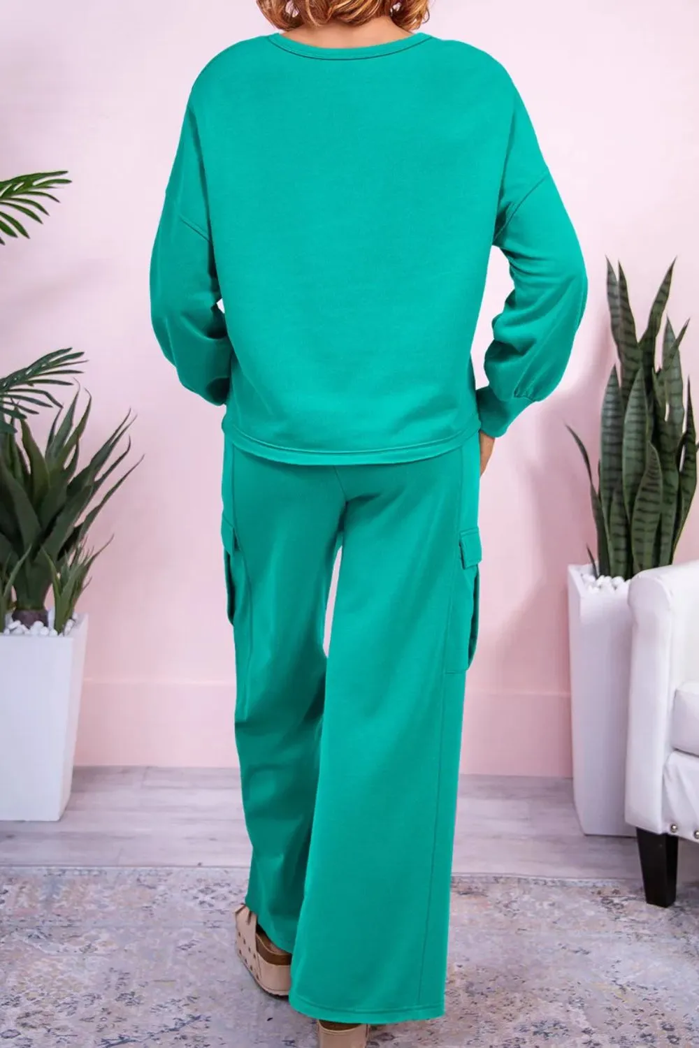 Pocketed Round Neck Long Sleeve Top And Drawstring Pants Set