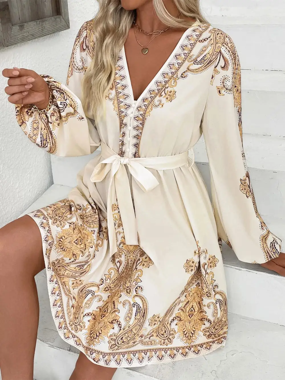 Lightweight Feel Printed Tie Waist Long Sleeve Dress
