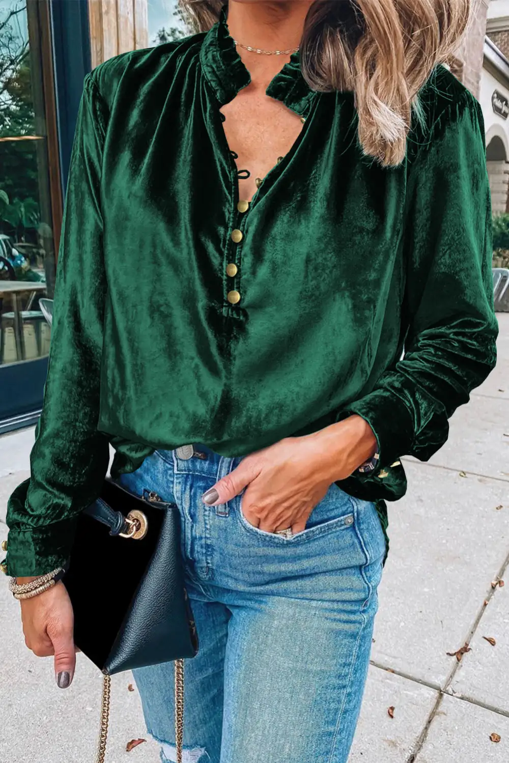 Velvet Frilled Button Front Top