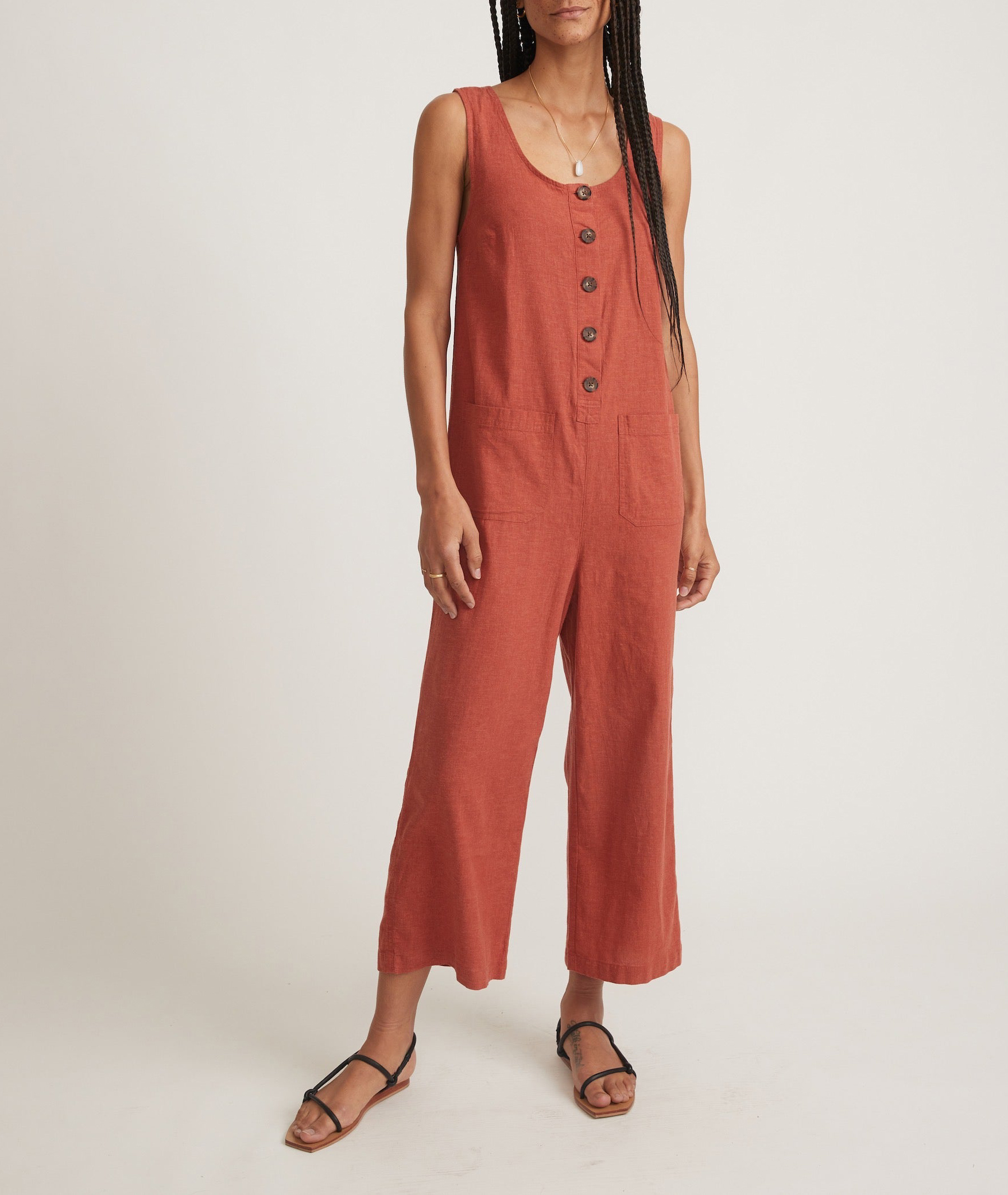 Button-Down Sleeveless Cotton Jumpsuit