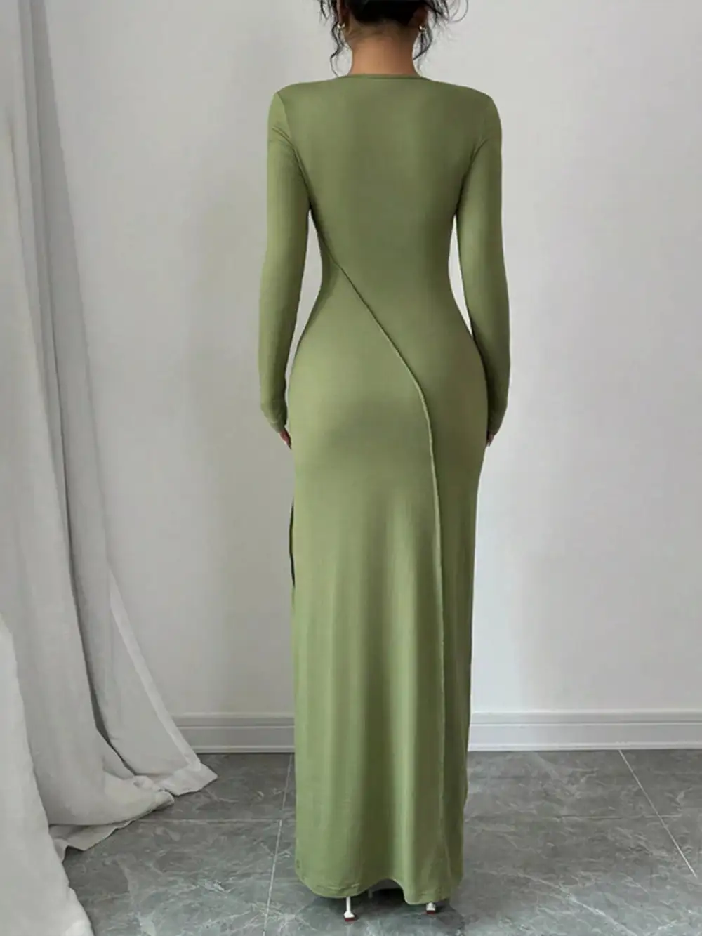 Textured Detail Long Sleeve Maxi Dress