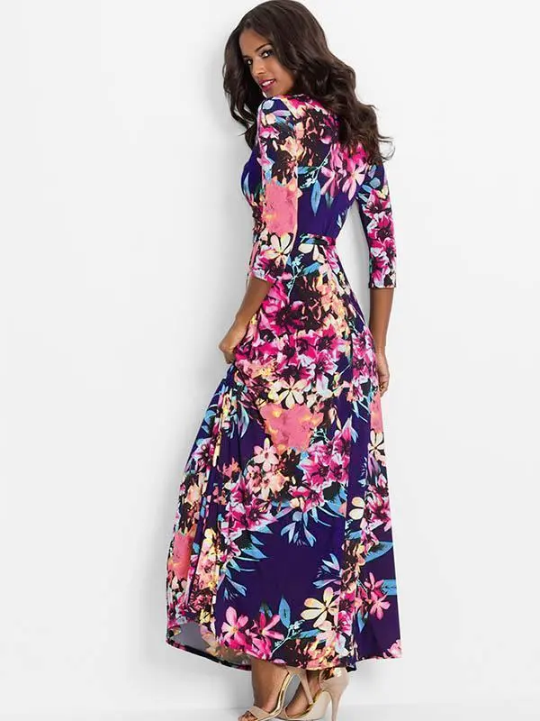 Waisted V-neck Printed Maxi Dress