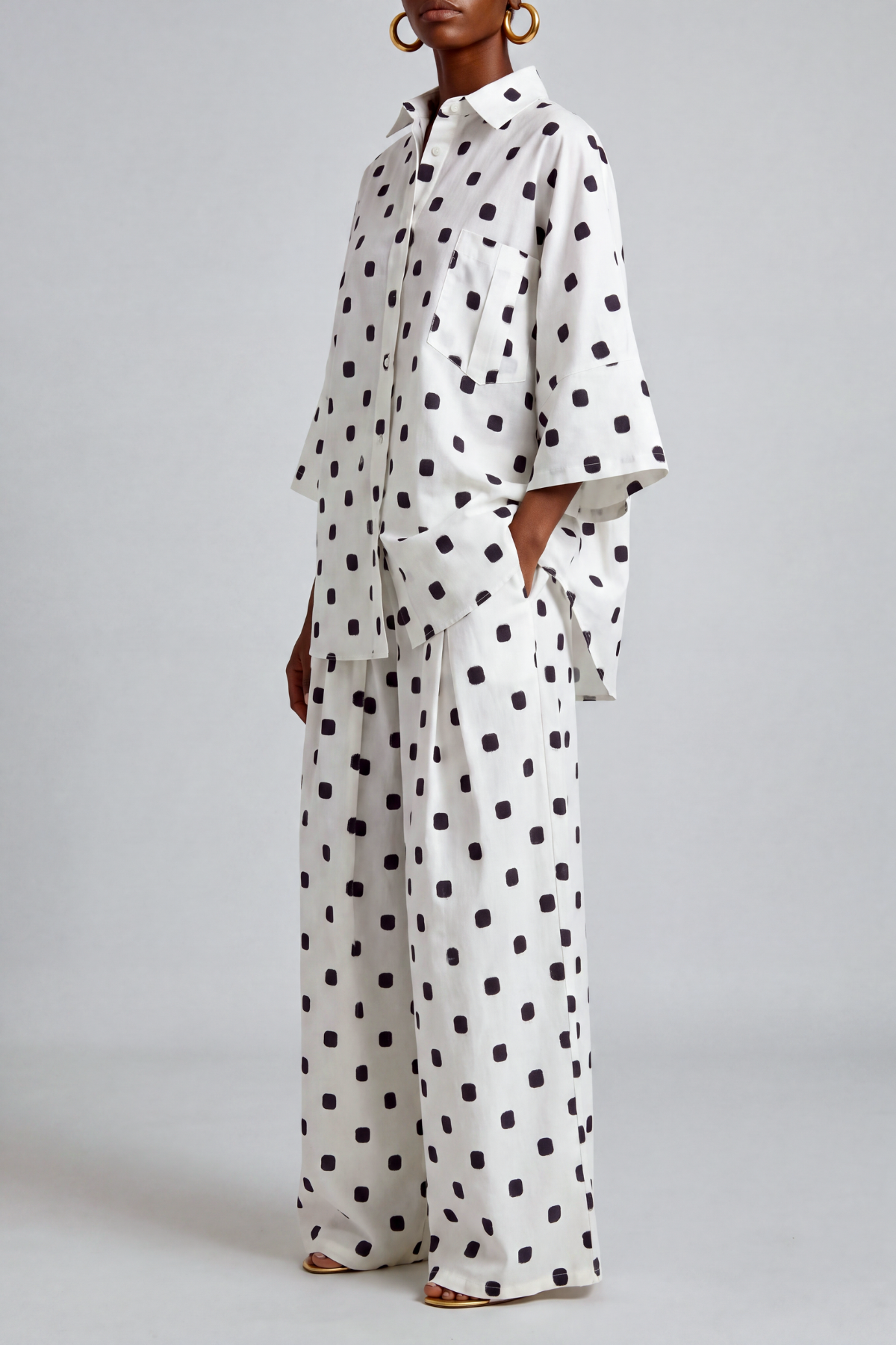 Wide Leg Button Front Polka Dot Matching Pants Set