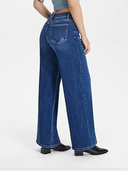 Mid-low Rise Baggy Jeans Stretchy Wide Leg for Women Distressed Pants