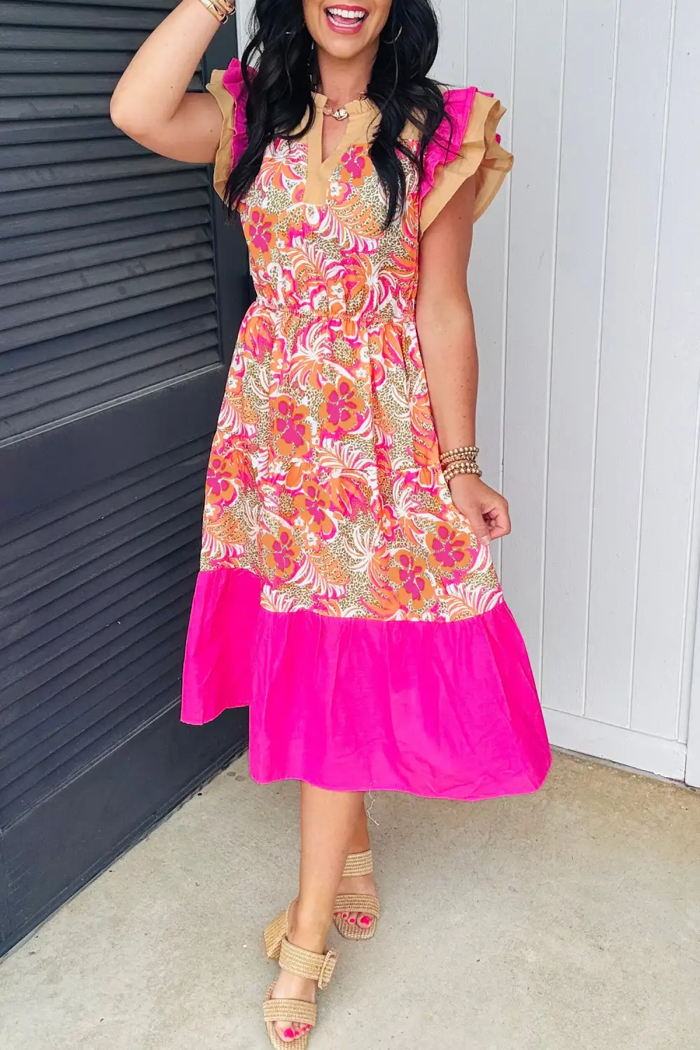 Floral Patchwork Ruffle Midi Dress