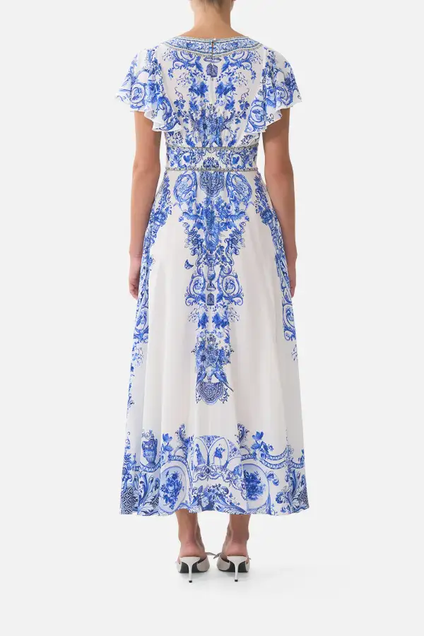 Waisted Midi Dress with Flutter Sleeve