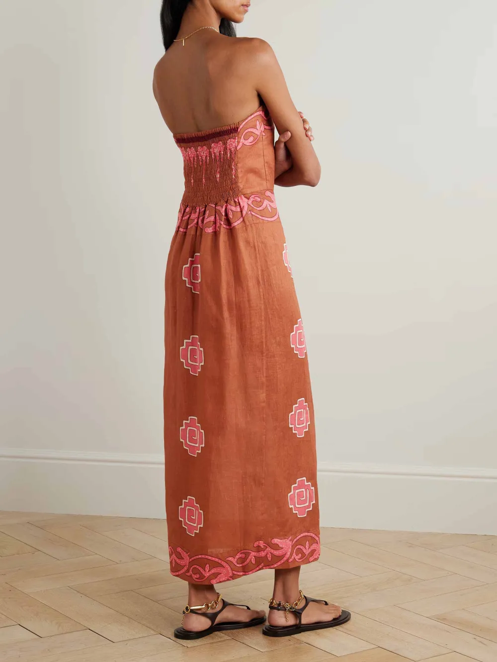 Retro Strapless Printed Slit Midi Dress