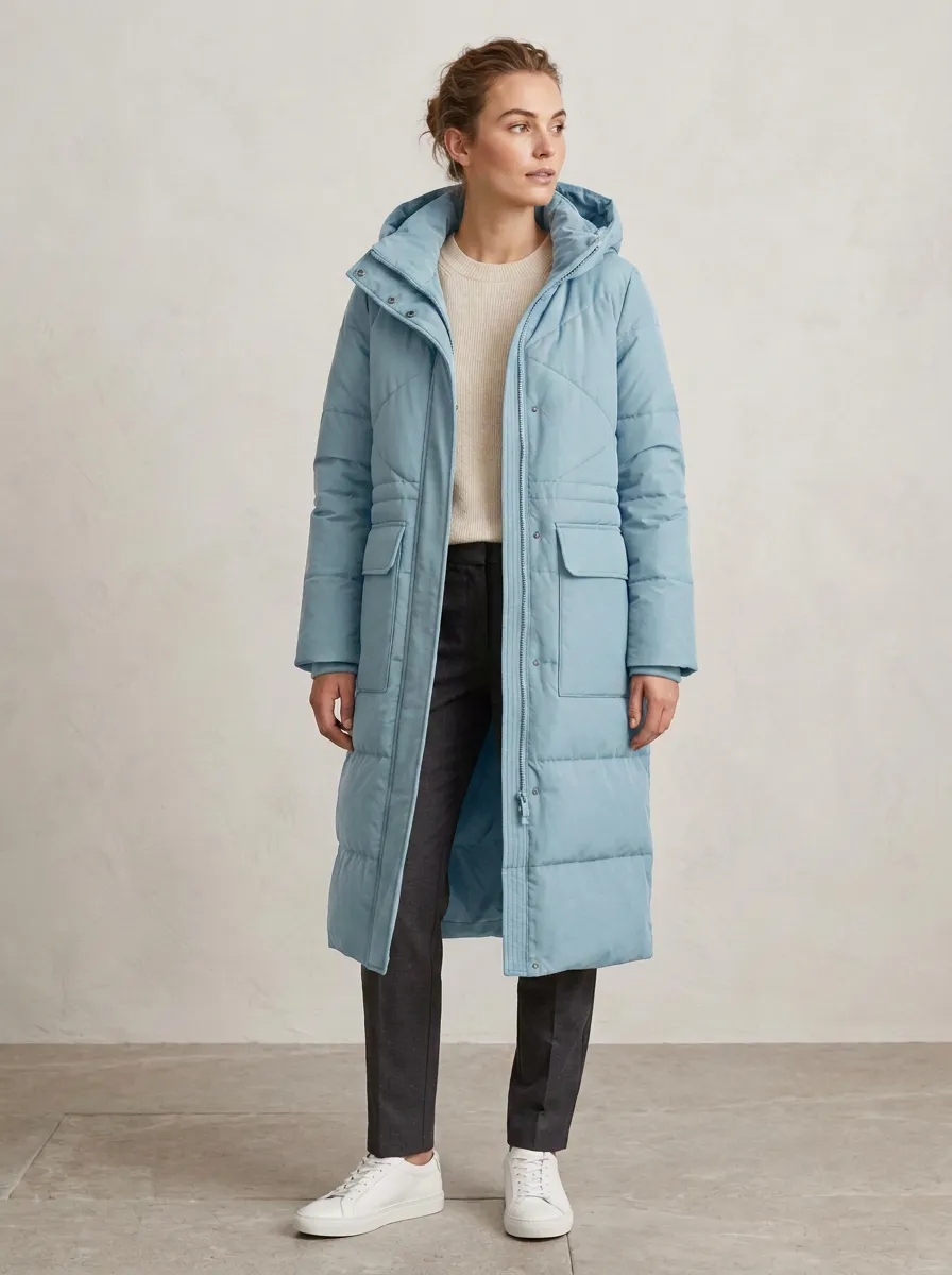 Core-Layer Quilted Long Hooded Coat