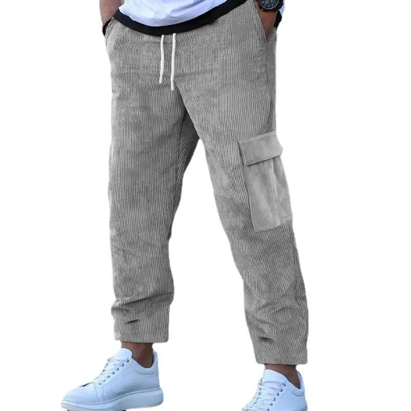 Men's Corduroy Jogger-style Pants Waistband Cargo Pockets Leg Cargo Pants