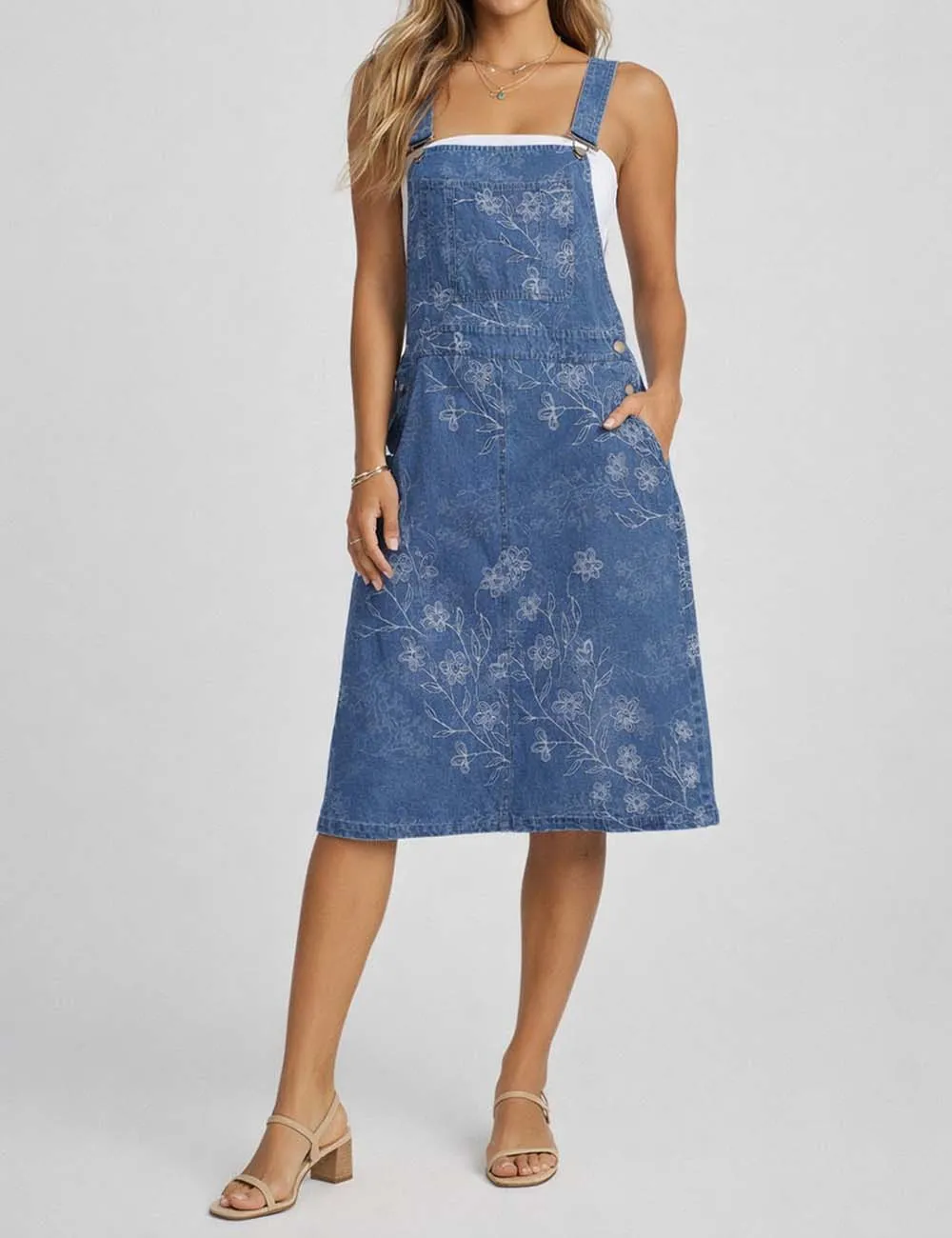 Pattern Two Strap Shoulder Denim Midi Dress