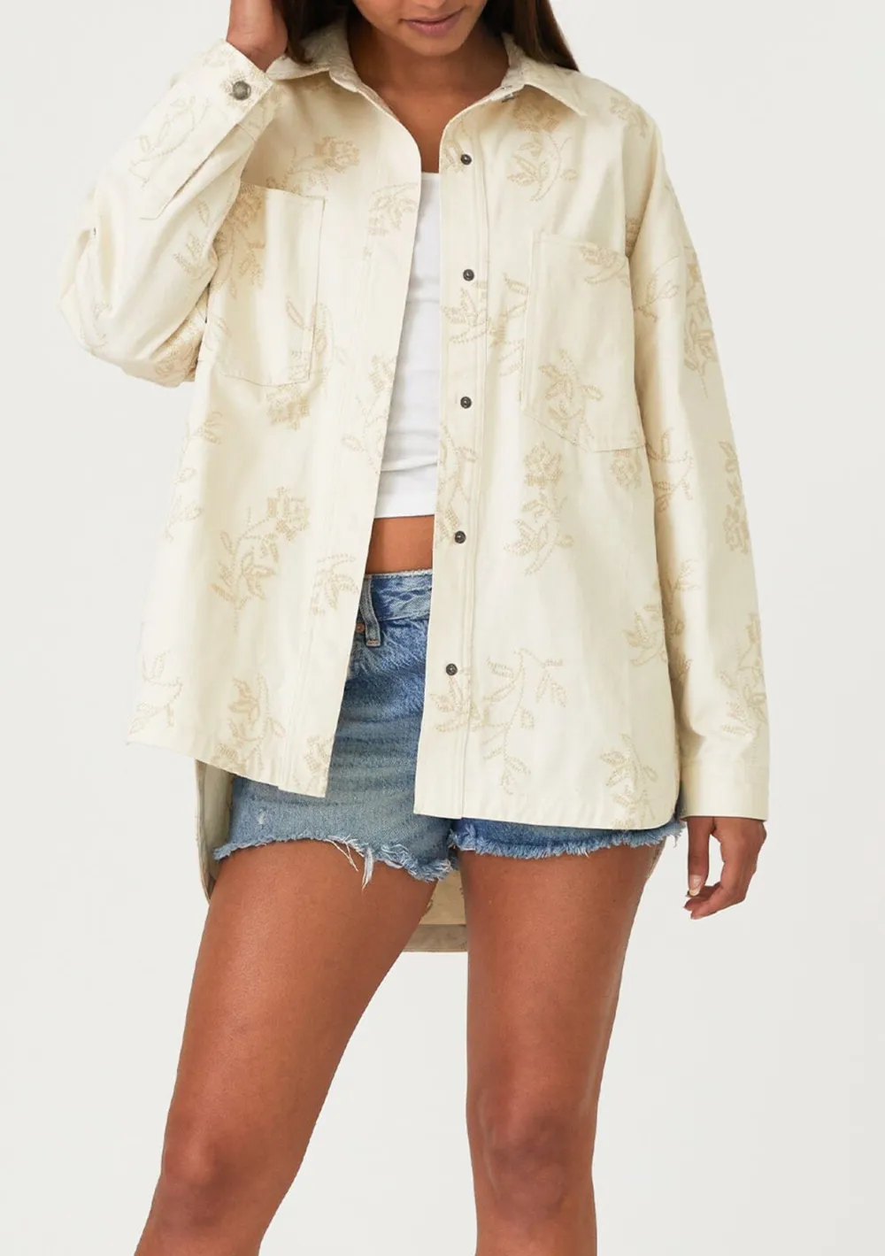 Embroidered Snap Down Drop Shoulder Jacket