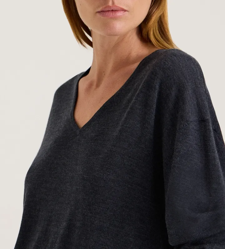 Charcoal Blouson V-Neck Merino Knit