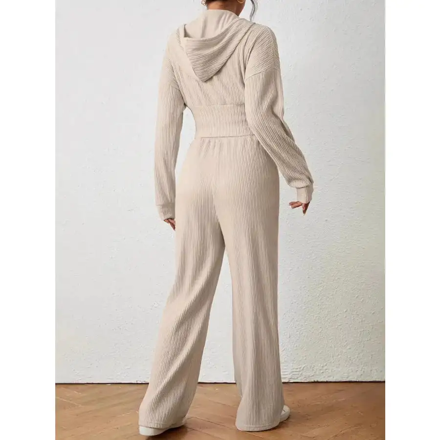Drawstring Zip Up Hooded Top and Pants Set