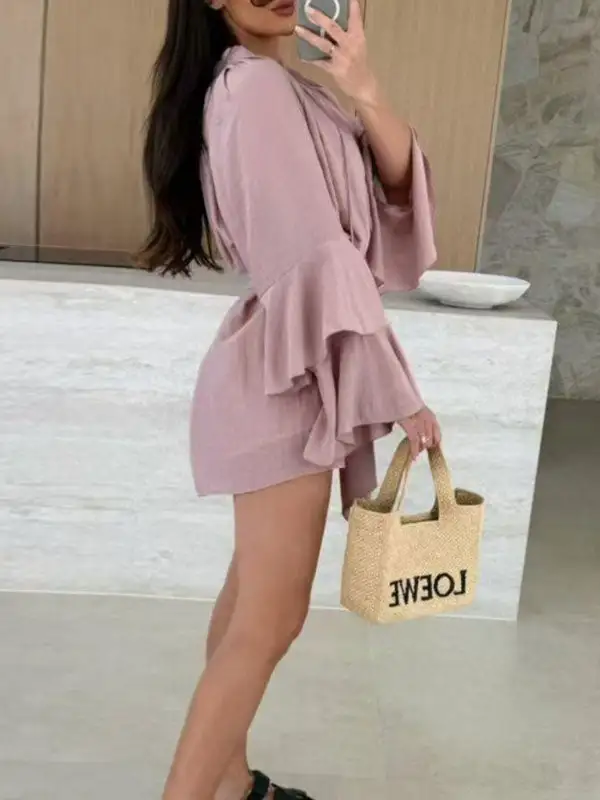 Flared Sleeve Relaxed Lace Up Pleated Solid Color Split Joint Tiered