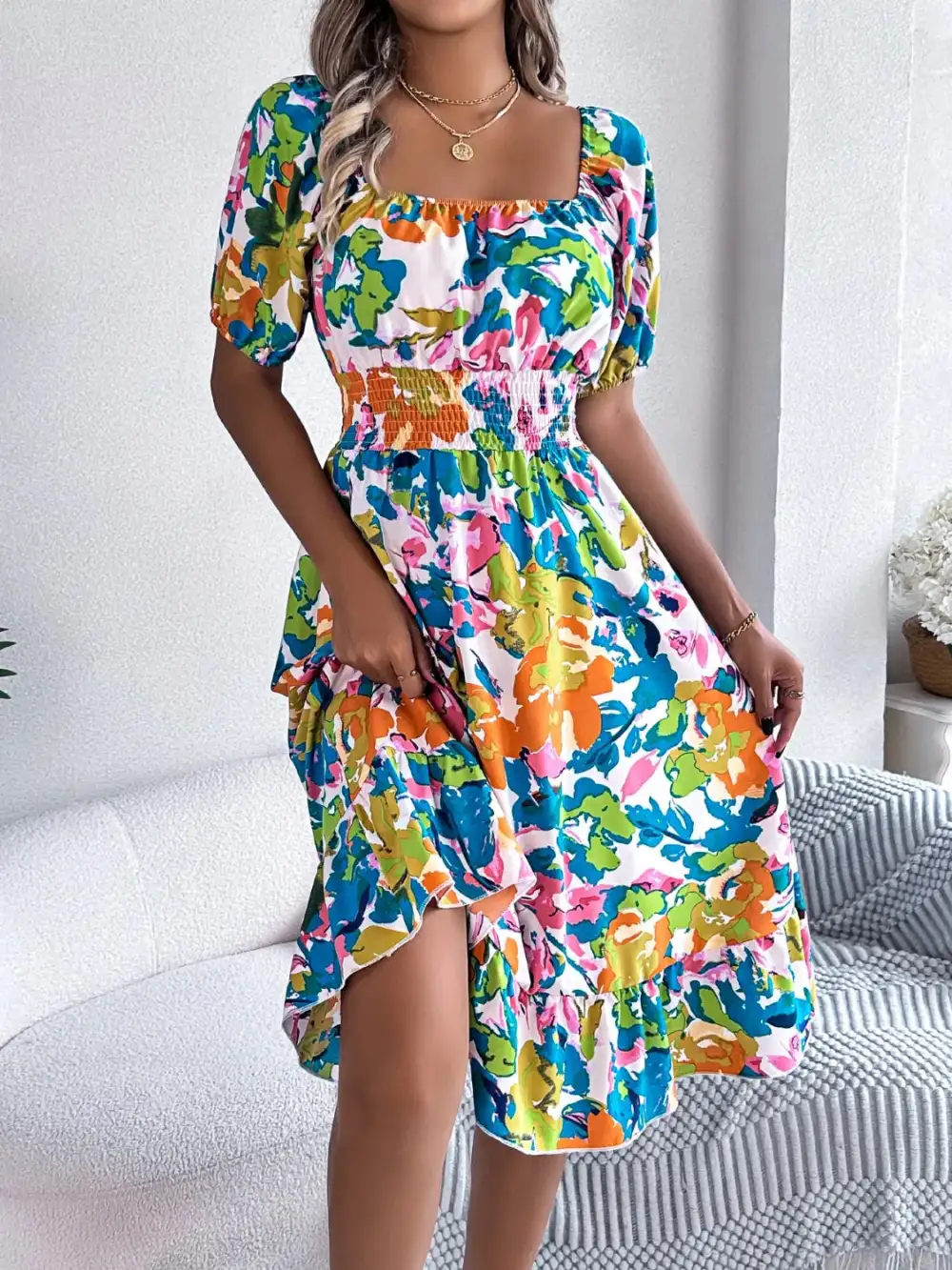 Textured Ruffle Trim Smocked Dress