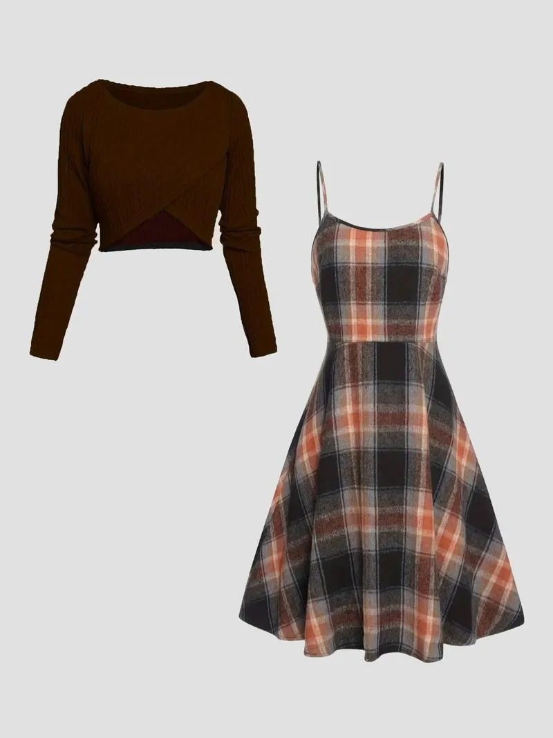 Women's Solid Wrap Hem Round Neck Textured Long Sleeve Crop Top & Plaid Print A-Line Dress Set