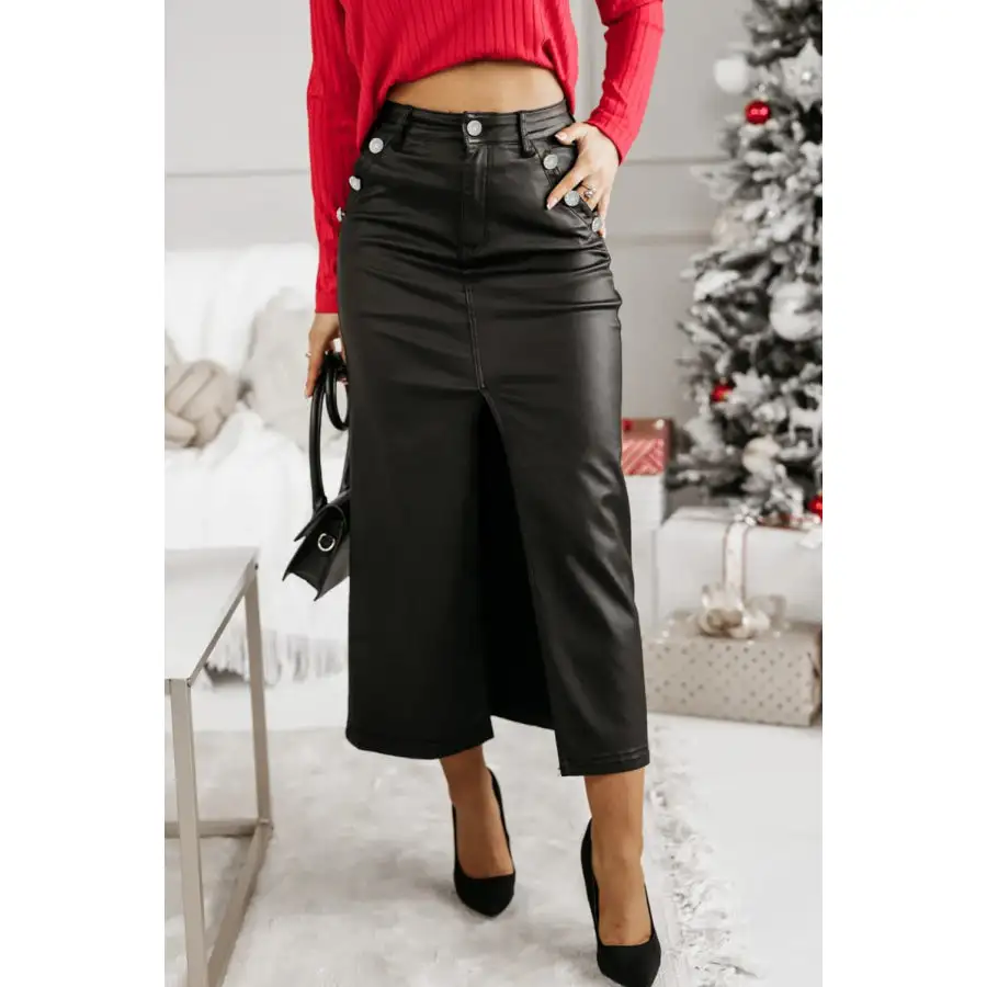 Slit PU Leather Midi Skirt