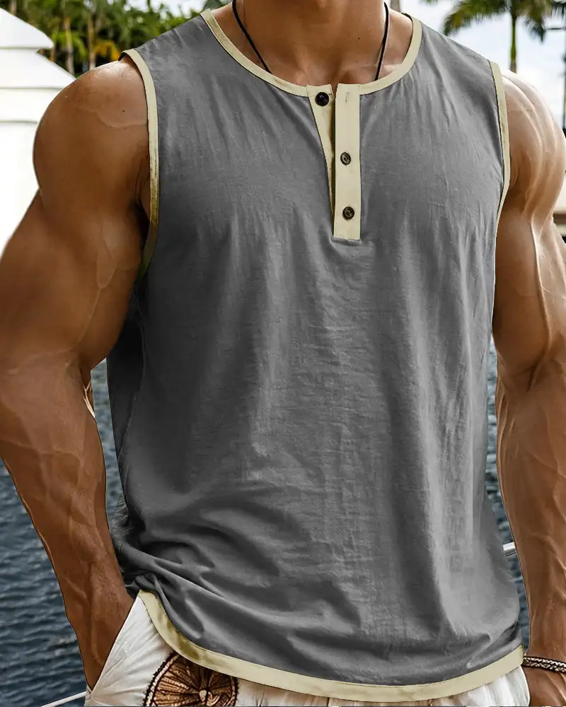 S Relaxed Contrast Trim Henley Sleeveless Tank Top