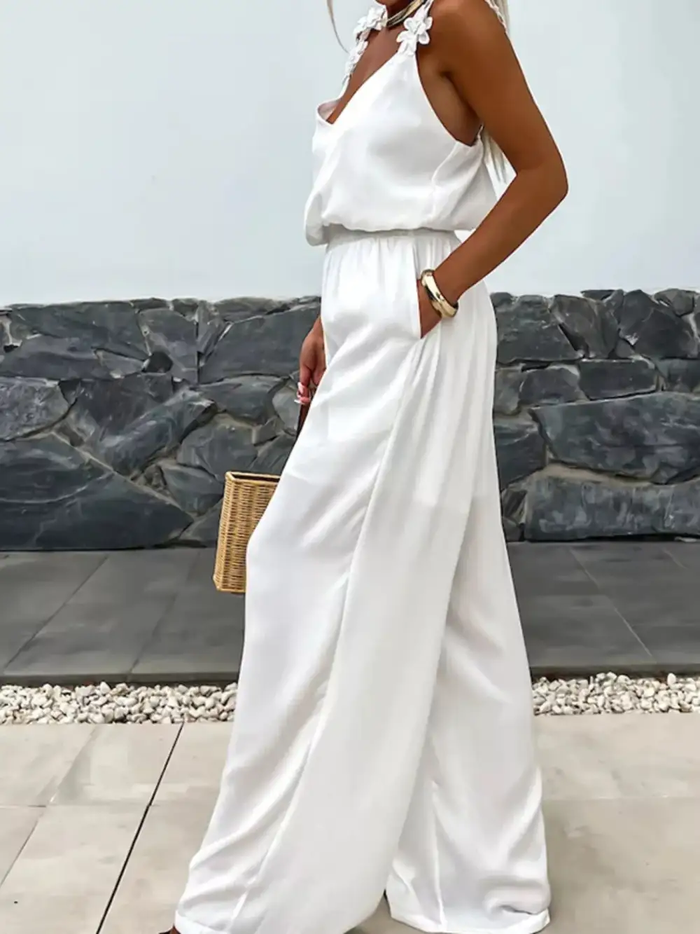Floral Applique V Neck Wide Leg Jumpsuit