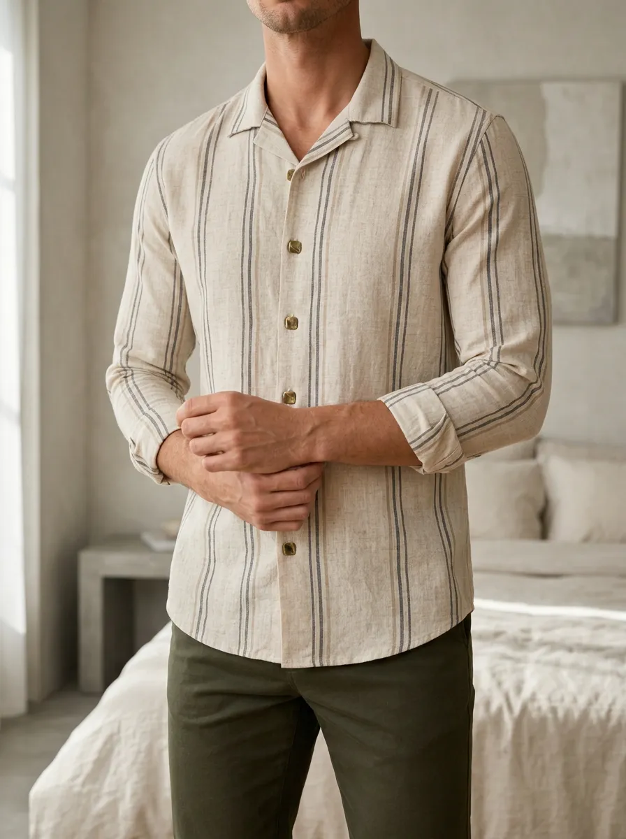 Men's Modern Vertical Stripe Long Sleeve Camp Collar Slim Fit Shirt