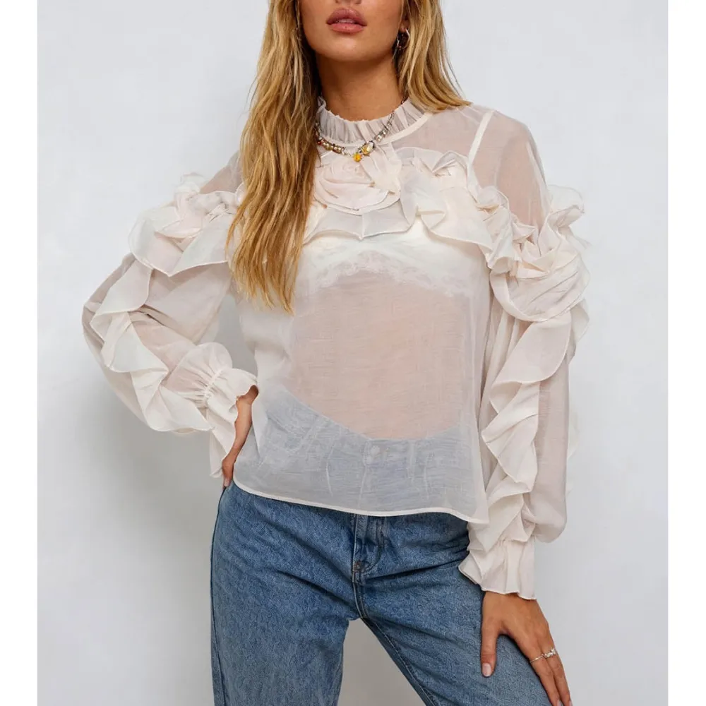 Chic D Irregular Ruffle Sheer Stand Neck Blouse