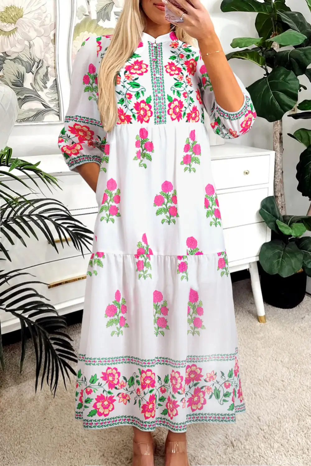 Floral Printed Half Button Maxi Dress