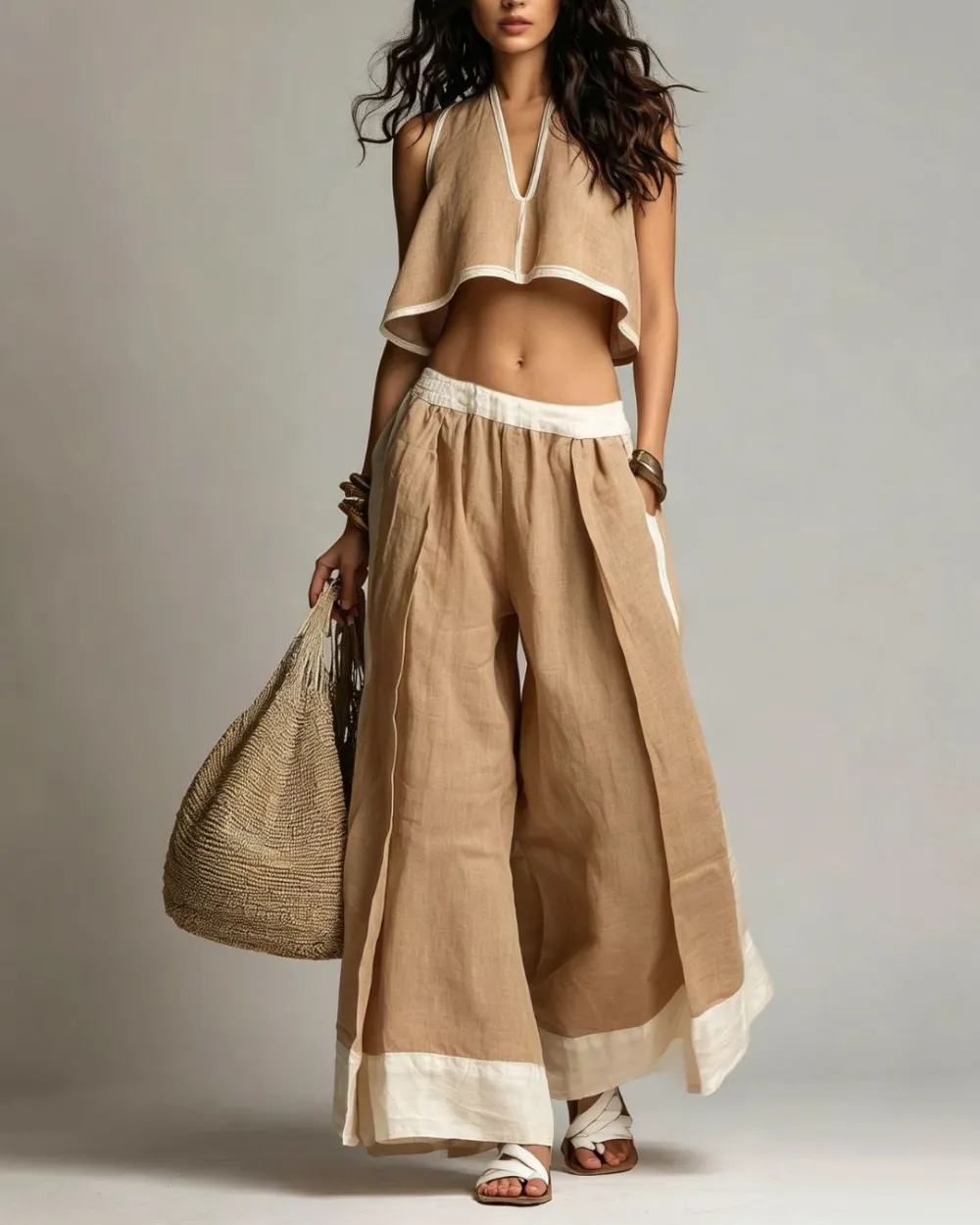 Plunging V-Neck Crop Top and Wide Leg Pants Set