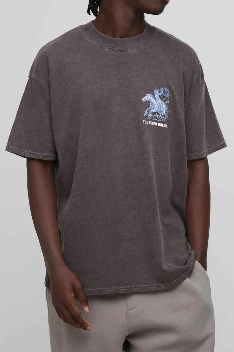 Chocolate Oversized Extended Neck Washed Texas Rodeo Crew Neck T-Shirt