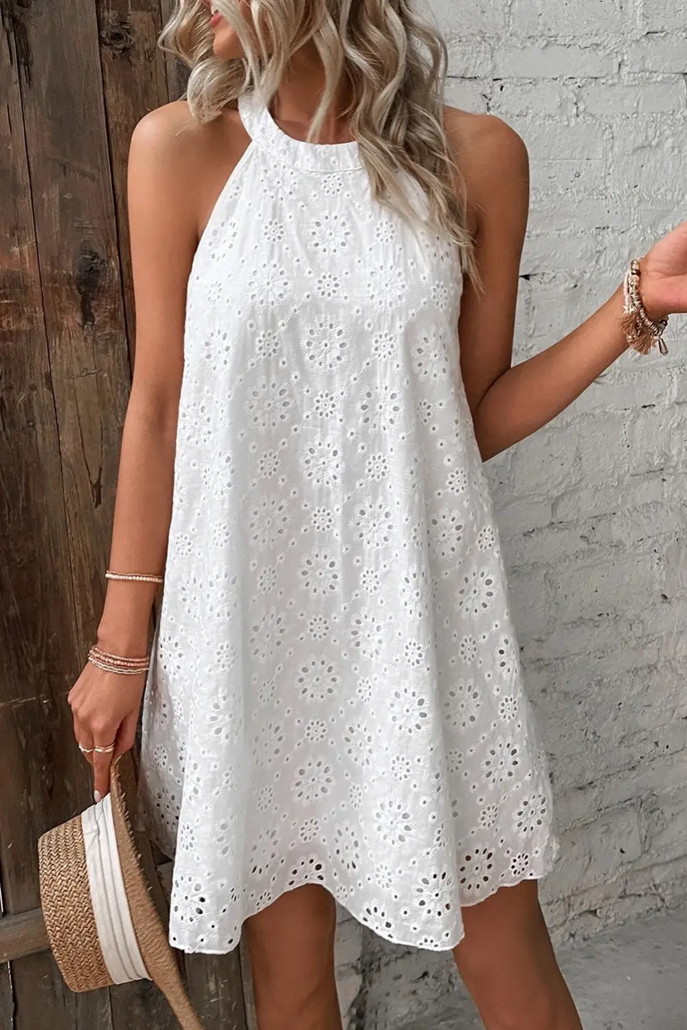Eyelet Detail Halter Neck Mini Dress