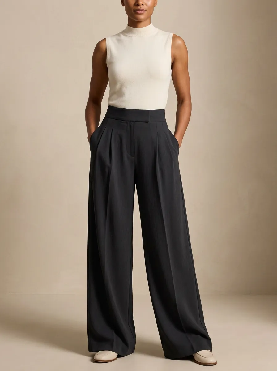 Natural Wide-Leg Pleated Women's Wide-Leg Pants
