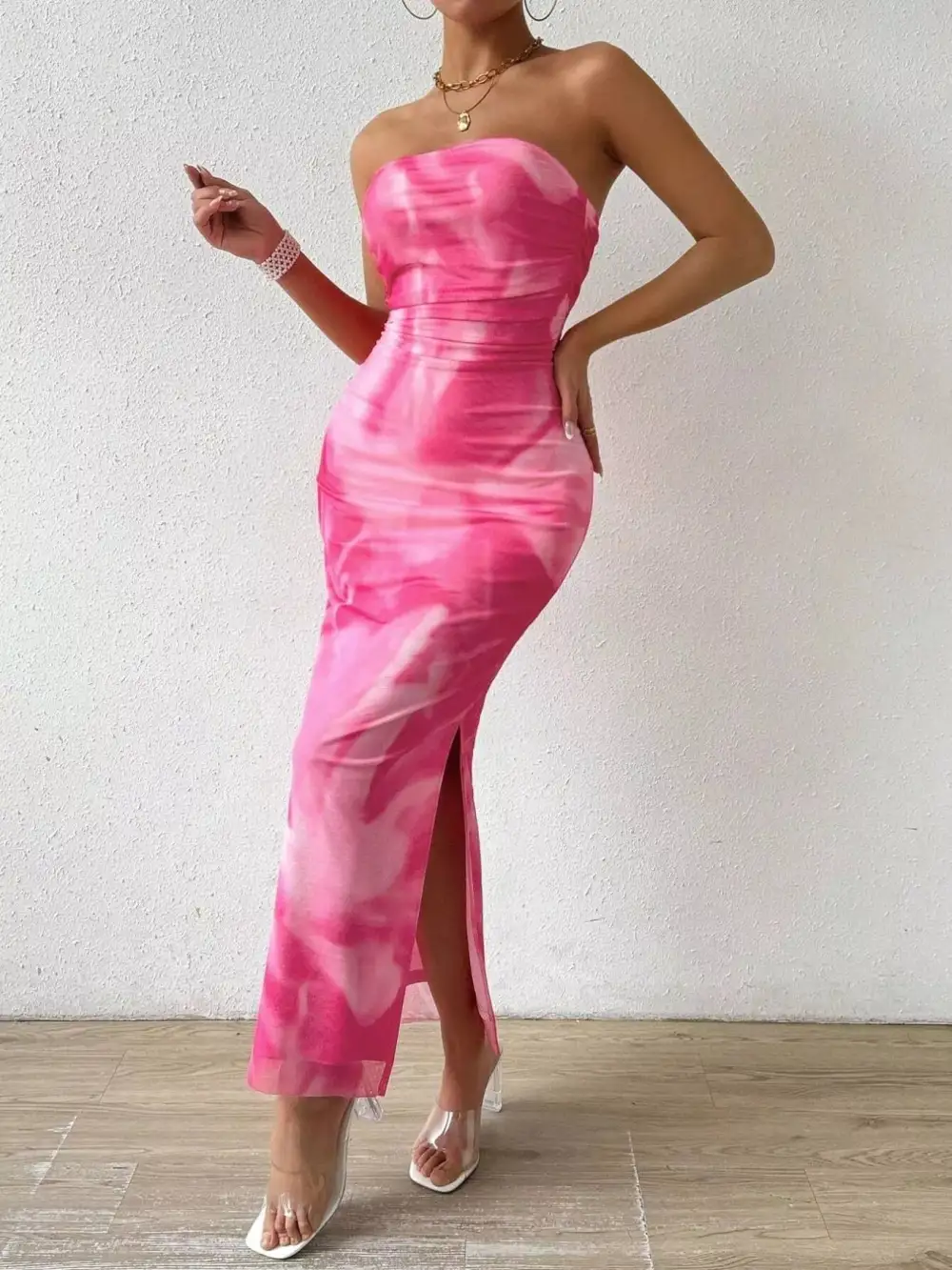 Polished Detail Ruched Slit Dress