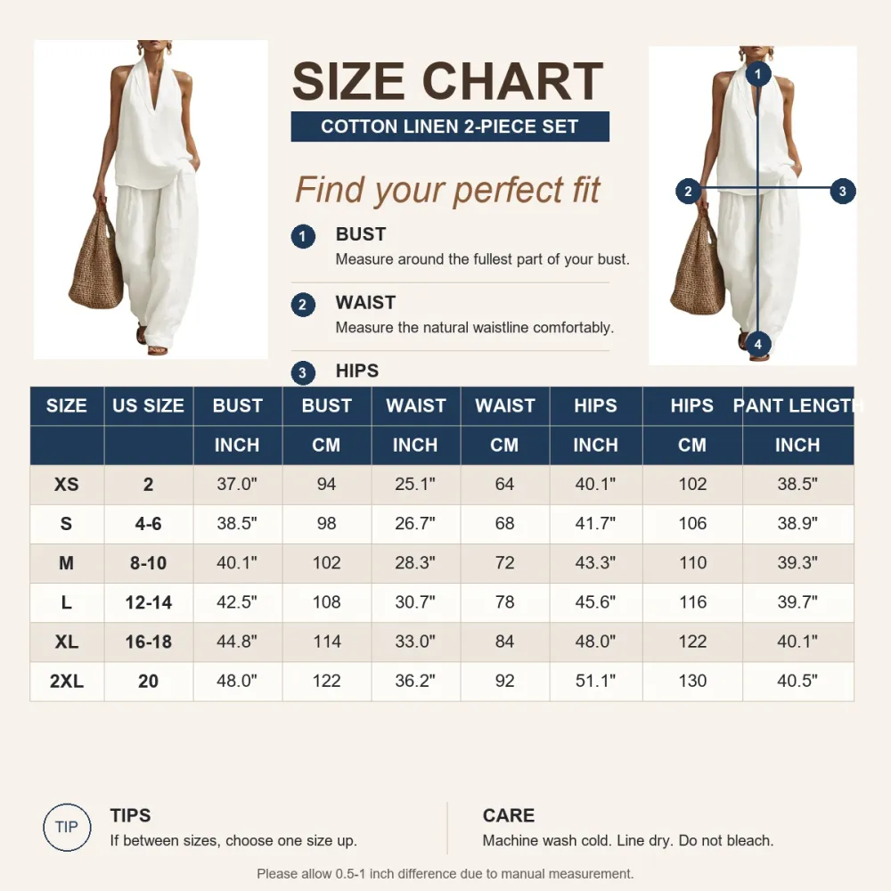Women's Cotton Linen 2-Piece Halter Top Wide-Leg Pants Set
